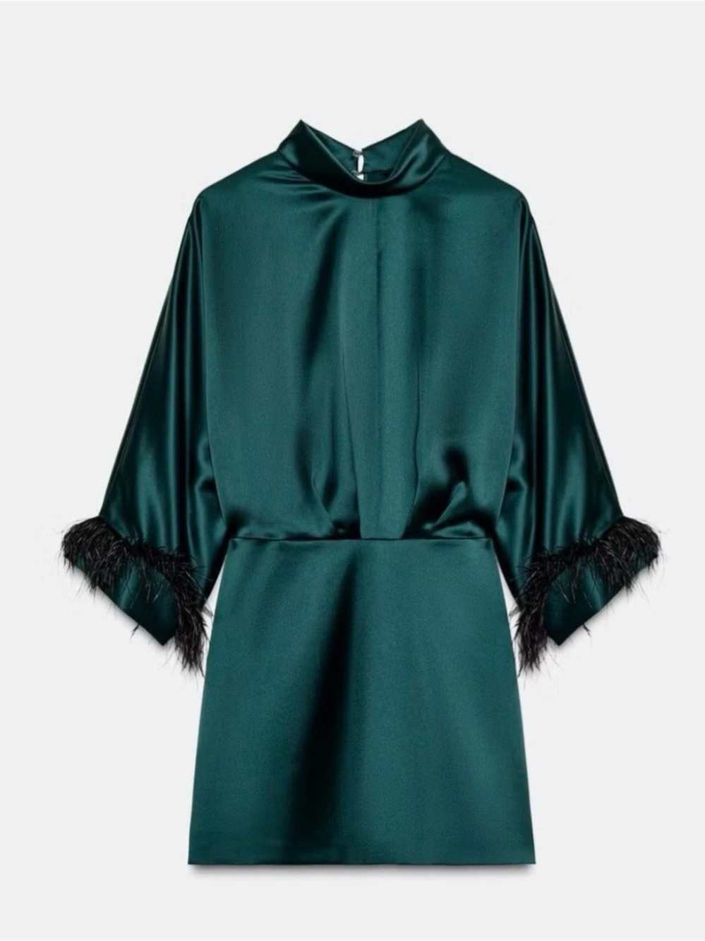Zara Satin Mini Dress in Deep Teal with Feather Trim - Picture 9 of 12